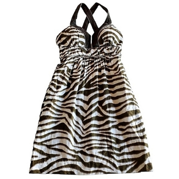 7348 * Banana Republic Animal Print Linen Dress Olive Green White Size 0P - Picture 1 of 10